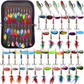 Fishing Lures Spinner Kits Waterproof Carry Bags Treble Fishing Hooks Spinnerbait Metal Spoons Lure Trout Bass Salmon Walleye Spinner Baits Lead Fishing Soft Lures for Saltwater Freshwater(39pcs with Carry Bag)