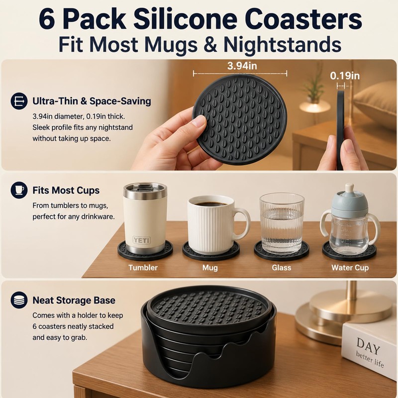 Nightstand Coaster, 6 Pack 3.94 Inch Drink Coasters with Storage