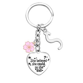 Inspirational Gift Initial Keychain For Women Friends Keyrings With Pink Flower 26 Letter Alphabet Keychain For Her Graduation Christmas Birthday Gifts for Daughter Sister (S)