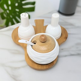 Ceramic Condiment Set with Bamboo Base – Salt and Pepper Shakers with Sugar Jar, Spoon & Wooden Lid – Kitchen & Dining Table Organizer JR5002