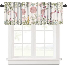 JanJCurt Moon Phase Window Valance, Rustic Vintage Wildflower Plant Leaves Botanical Herbs Pink Witchy Moon Phase Blackout Short Curtains for Living Room Bedroom Kitchen 54x18inch