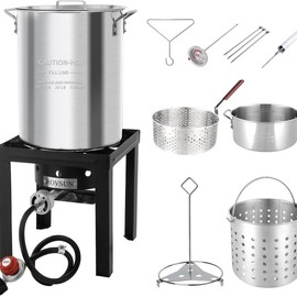 ROVSUN 30QT Turkey Fryer & 10QT Fish Fryer Kit w/ 55,000BTU Propane Stove, Aluminum Outdoor Deep Fryer & Seafood Boiler Steamer w/Baskets, Thermometer, Marinade Injector, Turkey Rack & Rack Lifter - Size: 30QT+10QT