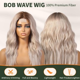 KOME Ombre Ash Blonde Wigs for Women,Platinum Blonde Shoulder Length Curly Wig,Middle Part Natural Looking Synthetic Wig for Daily Use Party 16IN