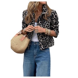 Floerns Women's Leopard Print Collared Neck Jacket Puff Long Sleeve Button Down Outwear Leopard Large