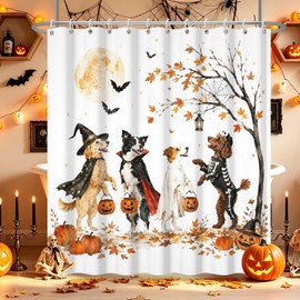 Halloween Dog Shower Curtain, Watercolor Puppies Witch Ghost Vampire Skeleton Costume Full Moon Pumpkin Maple Leaf Spooky Autumn Bathroom Decor, Waterproof Bath Set with 12 Hooks 72”x72”