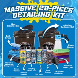 Salty Captain Mega 20-Piece DIY Car Cleaning Kit – All-in-One Car Detailing Kit with 2x Buckets, Towels, Brushes & 6x Cleaning Fluids – Foam Blaster compatible with Garden Hose – Premium Quality