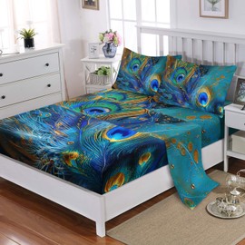AILONEN Peacock Feather Bedding Set King Size 4Pcs,Golden Blue Feather Print Fitted Sheets for Girls Women,Nature Animal Theme Bed Sheets,1 Flat Sheet + 1 Fitted Sheet + 2 Pillowcases