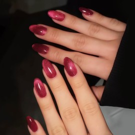 GLAMERMAID Dark Red Press on Nails Short Almond, Handmade Magnet Cat Eyes Jelly Gel Fake Nail Set, Ombre Glitter Magnetic Glue on Nail Stiletto, Scarlet Medium Oval Stick on False Nail Kits for Women