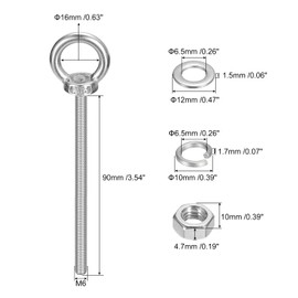 sourcing map Lifting Eye Bolt, 2 Sets M6 x 90mm Eye Bolt with Nut Washer 304 Stainless Steel Shoulder Lifting Ring Eye Bolt for Hanging Item