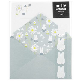 Les - MY6B Letter Set - Miffy Flower/Blue (A-8) 8 Stationery, 4 Envelopes, 4 Stickers, Maruay