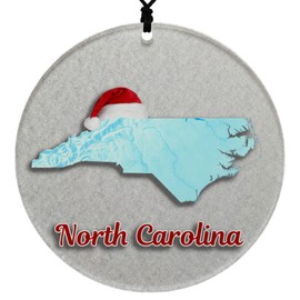 North Carolina Christmas Ornament - Winter Theme Featuring Snow, State Terrain Map and Santa Cap - 2024 Acrylic Tree Decoration - Holiday Gift and Home Decor