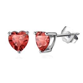 Loutade Silver Stud Earrings for Women, 925 Sterling Silver Birthstone Stud Earrings, 8mm Hypoallergenic Small Sleeper Silver Heart Stud Earrings, Ruby Birthstone Silver Earrings for July Birthday