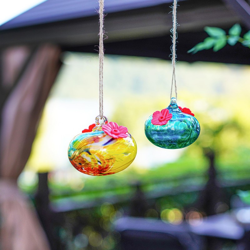 Pack 2 Blown Glass Hummingbird Feeders for Outdoors 3inch Small