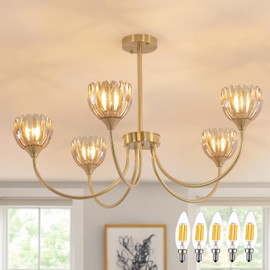 Shenmoyl 30.31" Brass Gold 5-Light Chandelier, 5-Arm Amber Tulip Glass Pendant Light Fixture, Height Adjustable Vintage Branch Chandelier for Dining Room Living Room Kitchen Island Farmhouse