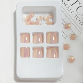 Chrome Press on Toenails Glossy Fake Toe Nails Pink Aurora Acrylic Glue on Toe False Nails Shiny Pearl Flash Stick on False Toenails with Design Full Cover Sparkly Laser Toe Nails for Women 24pcs