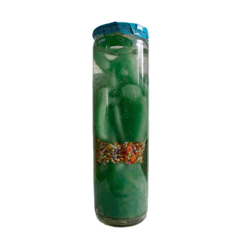 Luz María-Vs-100 Vela de gel, santa muerte "Prosperidad" (Preparada, ritualizada)