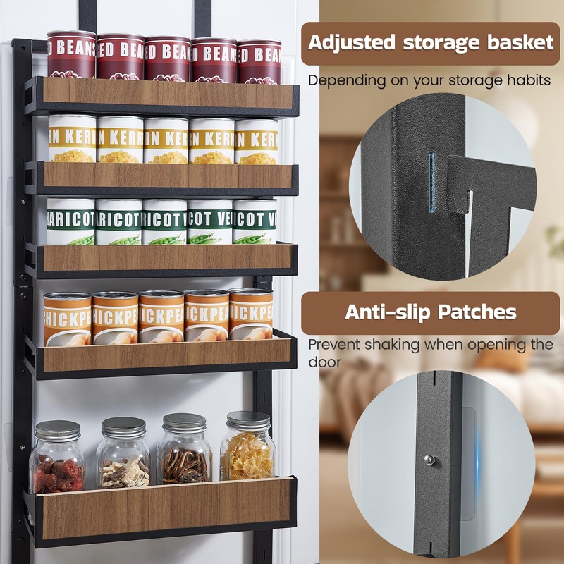 Fulifix Over The Door Pantry Organizer with Solid Wooden Baskets,