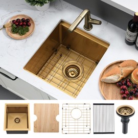 WMXQX Gold Bar Sink Undermount Workstation,16x19 Inch Undermount Bar Sink Gold Small Kitchen Sinks 18 Gauge Single Bowl Stainless Steel Kitchen Sinks with Cutting Board