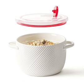 Adewnest Microwave Soup Bowl with Lid: Ceramic French Onion Soup Bowls with Handles for Cereal Ramen Leftovers Chili - Large Microwavable Soup Crocks for Lunch or Dinner - 32 oz White (1 PCS)