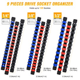 GOOACC Socket Organizer ABS Socket Holder Set 1/4" 3/8" 1/2" Drive Socket Rail Holders Stores up 129 Clips Impact Sockets Organizers Rails for Tool Box Drawer, 9 Piece Blue Red Black