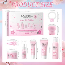 8 Stück Sakura Gesichtspflege Set, Hautpflege Set für Teenager-Mädchen, Japan Sakura Skincare Satz mit Cleanser, Toner, Essence, Augencreme, Essence Creme, Haarnadel, Haargummi, Rosa Oktopus-Bürste