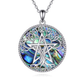 YAFEINI Triple Moon Goddess Necklace S925 Sterling Silver Moon Tree Pentagram Wicca Magic Abalone Shell Pendant Jewellery for Men and Women, Sterling Silver, Abalone