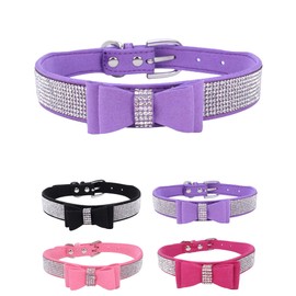 Rhinestone Dog Collar for Small Medium Large Dogs, Adjustable Leather Suede Bling Dog Collars，Diamond Bow Tie Puppy Collars for Boy and Girl.