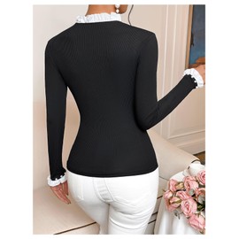 Verdusa Women's Color Block Pearls Beaded Mock Neck Frill Trim Long Sleeve Pullovers Ribbed Knit Fit Shirts Black Medium