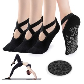 Ruikefeiyang Yoga Socks for Women Non-Slip Grips & Straps, Ideal for Pilates, Pure Barre, Ballet, Dance, Barefoot Workout (3 Pairs-black/black/black)