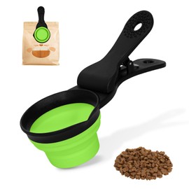 PNEUICALLY Collapsible Dog Food Scoop Foldable Pet Food Bag Clip 3 in 1 Multi-function Silicone Cat Food Measuring Cup Scoop Dog Food Scooper Pet Food Storage Clip (Green, 1/2 Cup Capacity(1 Pack))