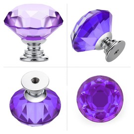 Ravinte Pack of 5 Crystal Drawer Knobs and Handles, Diamond Shape Knobs for Drawers, Kitchen Cupboard - 30 mm Knobs with Silver Base (Purple)
