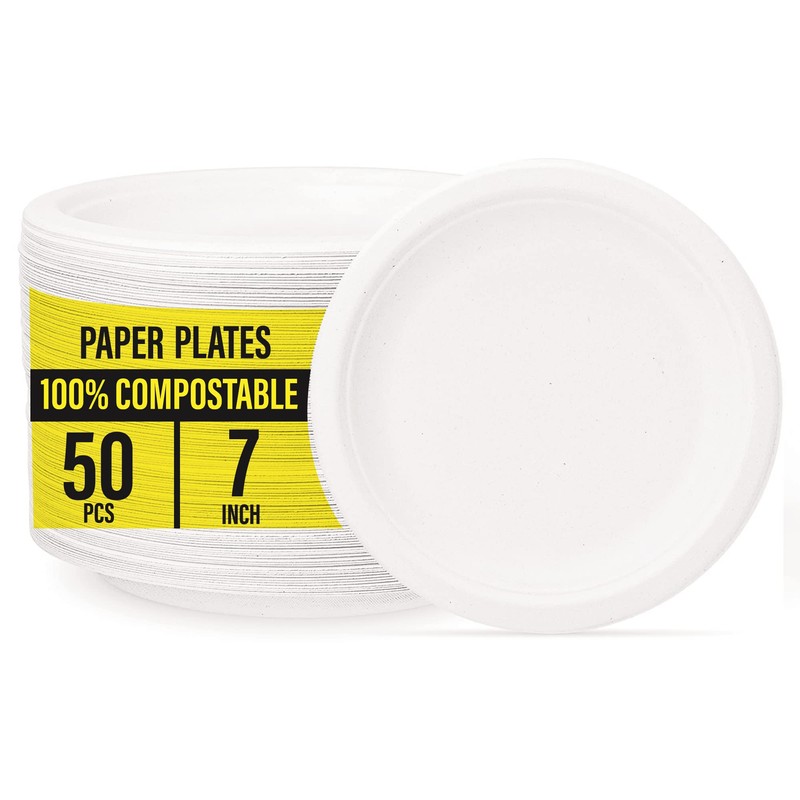 Zuvo Disposable Plates 50 Pack - 100% Compostable White Paper