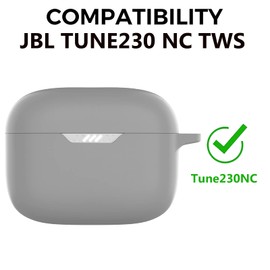 For JBL Tune 230 NC TWS Case, Front LED Visible Soft Non-Slip Shockproof Full Protective T230NC Case with Carabiner - Grey