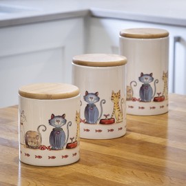 SPOTTED DOG GIFT COMPANY Ceramic Canister Set, 3-piece Kitchen Canisters for Counter, Cat Themed Coffee Tea Sugar Food Storage Containers with Airtight Lids, Pet Treat Jars, Gifts for Cat Lovers
