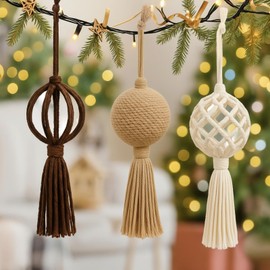 DEEKIN 12 Pcs 2.76 Inch Rustic Boho Christmas Ball Ornaments Farmhouse Tassel Christmas Hanging Balls Neutral Rustic Xmas Home Decor for Party Xmas Decor(Creamy White, Beige, Dark Brown)