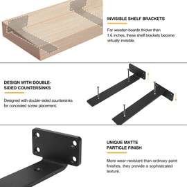 HITOMEN Heavy Duty Floating Shelf Brackets, 10-Inch (1/5'' Thick) Hidden Shelves Hardware, Cast Iron L Brackets, Rustic Industrial Black Metal Wall Shelving Supports, 8 Pack