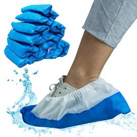 50 x ARNOMED Disposable Shoe Covers, Blue/White, Overshoes with Waterproof Sole, Reusable CPE + PP Covers, Extra Strong, Shoe Protection Cover, Non-Slip, 17 x 40 cm, Tear-Resistant Overshoes for
