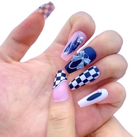 NGMATY Press On Nails Mediumlength Dark Blue Checkerboard Stitching Threedimensional Bow Pearl White Smudge Fake Nails 12 Sizes - 24 Pcs Gel False Nail Set
