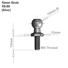 Ramor Strutz Four Stainless Steel Ball Stud Bolts for Gas Struts, Boot Lid, Tailgate or Bonnet. 10mm Ball, 15mm Long Thread, M6 Thread.