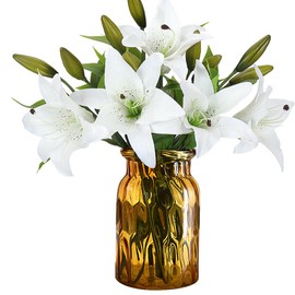 RERXN Artificial Tiger Lily Latex Real Touch Flower Home Wedding Party Decor,Pack of 5 (White)