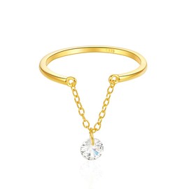 IMINI Dangling Charm Round CZ Sterling Silver Ring for Women Girls Crystal Diamond Tassel Chain Sackable Finger Band Statment Ring Promise Rings Adjustable Birthday (Gold)