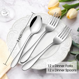 E-far 24-Piece Dinner Forks and Spoons, Stainless Steel Silverware Flatware Eating Utensils Set for Home Kitchen Restaurant, Food Grade Metal & Streamline Design, Mirror Finish & Dishwasher Safe, 8 In
