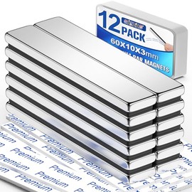 Paquete de 12 potentes imanes de tierras raras resistentes, 2.362 x 0.394 x 0.118 in | Strong Neodymium Bar Magnets with Double-Sided Adhesive, Magnet