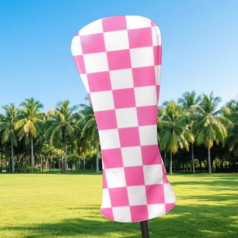 Golf Club Covers Pink Checkered Driver Headcover, Leather Golf Club