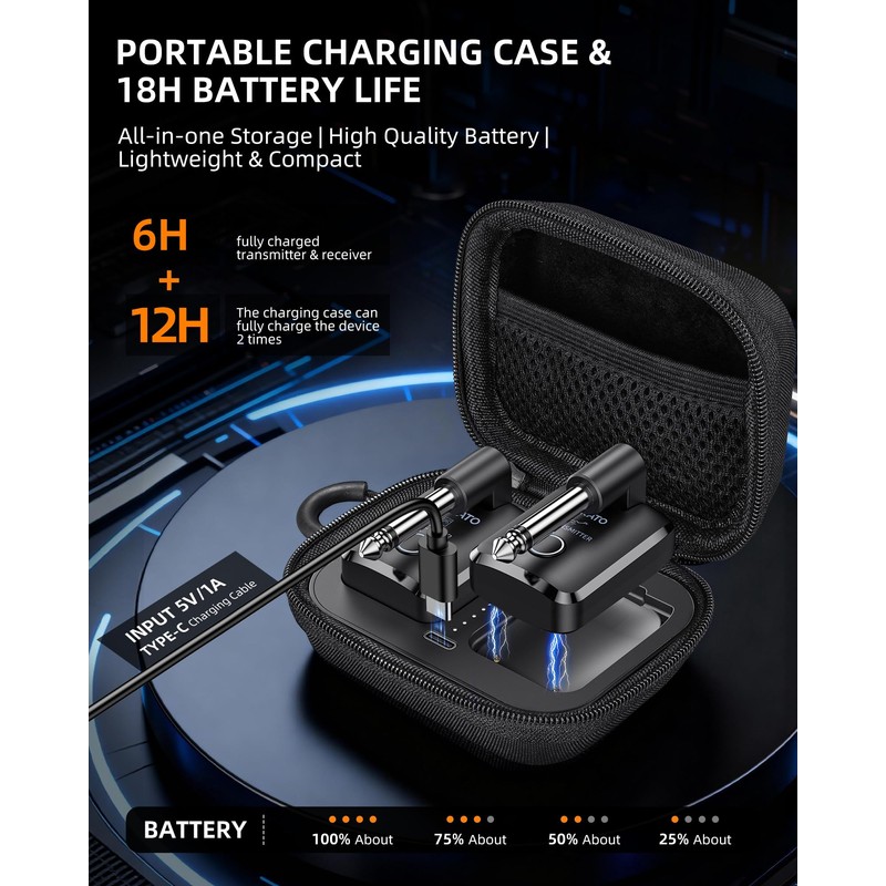 LEKATO 2.4 GHz Wireless Guitar System with Magnetic Charging Case