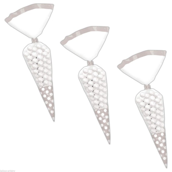Elegant Cone Shaped Polka Dot Party Plastic Favour and Giveaway Bag, Silver , 9" x 5", Pack of 10.