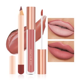 DAGEDA 2Pcs Lip Liner and Lipstick Makeup Set, Matte Liquid Lipstick + Matching Lip Liner, Nude Velvety Lipstick Makeup Kit Gift Set, Waterproof Long Lasting labiales mate 24 horas originales (I)