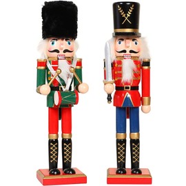 KAHEIGN 2Pcs Wooden Nutcracker Soldiers, 2 Style 30CM Christmas Traditional Nutcracker Figures Premium Pine Wood Painted Soldier for Home Fireplace Christmas Tree Party Decoration (Drum & Sword)