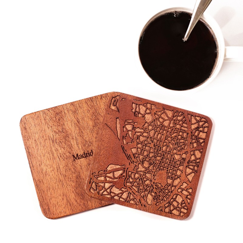 Madrid Map Coaster, Set of 4, Sapele Wooden Coaster with