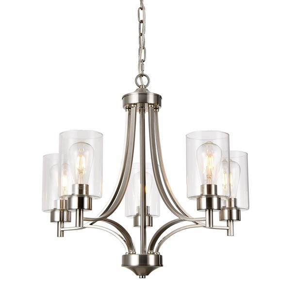 BOZO Modern 5 Light Chandelier Brushed Nickel Dining Room Lighting Fixtures with Clear Glass Shade Ceiling Hanging Pendant Lighting for Kitchen Hallway